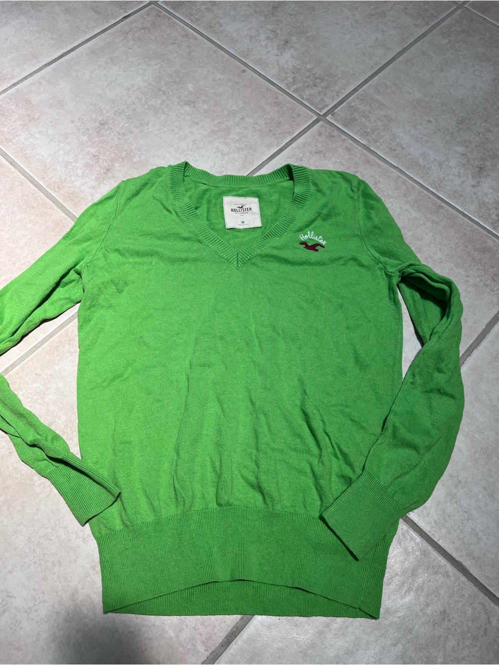 Hollister Women's V-Neck Sweater in Bright Green with Embroidered Logo